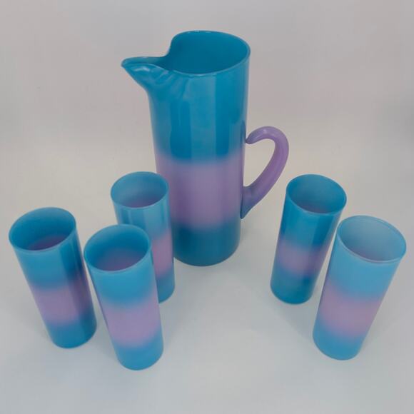 Blendo Bermuda Twist Pitcher Set Blue Purple Glass VTG 1950 Blenko West Virginia - Picture 1 of 10